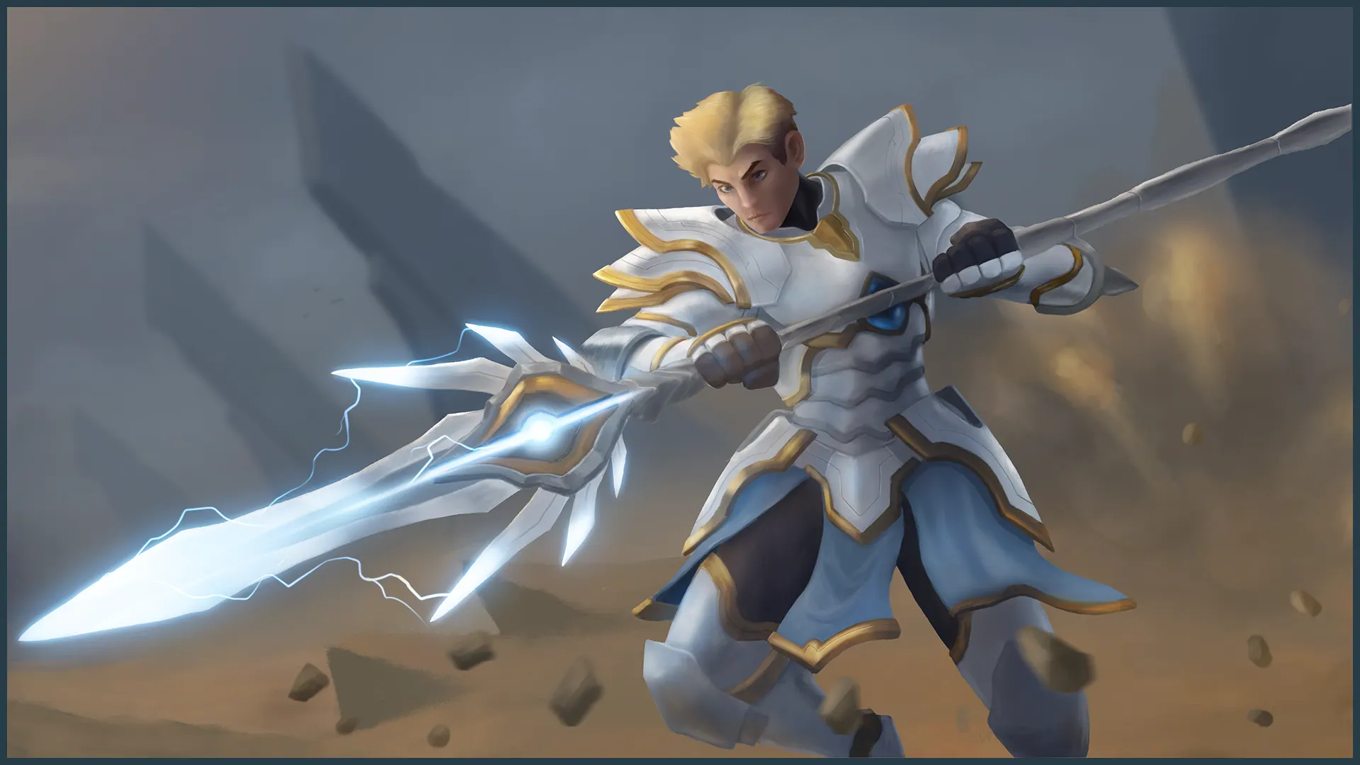 Painted key art of an armoured fighter with gold trim swinging a long glowing spear in a dusty landscape