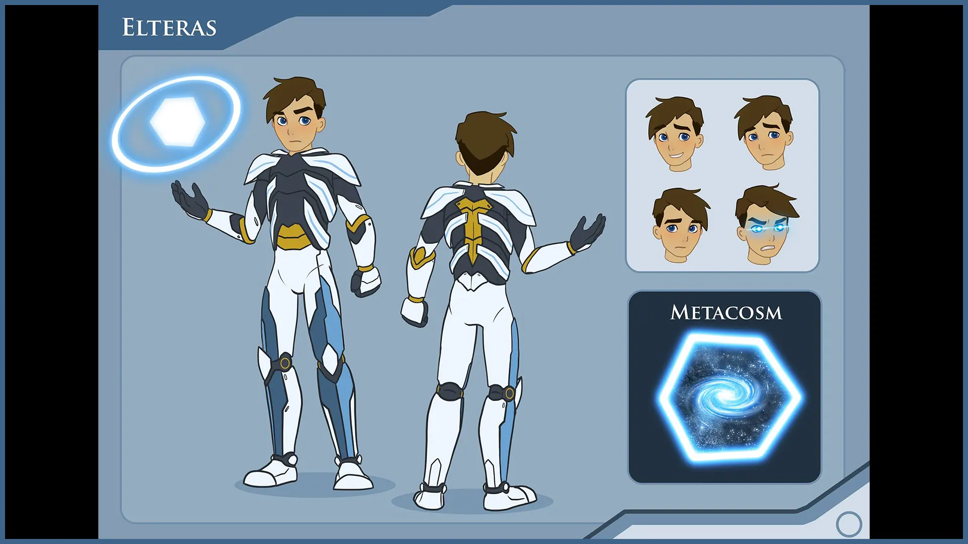 Design sheet titled Elteras: a white and blue armoured character from the front and back, four face studies and a hexagon emblem