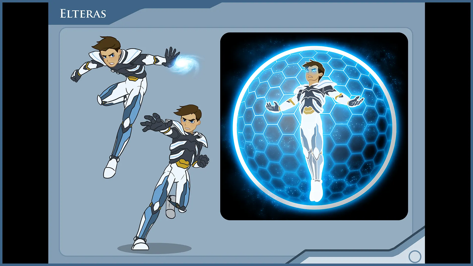 Second sheet titled Elteras: the character in action poses and inside a glowing hexagon shield