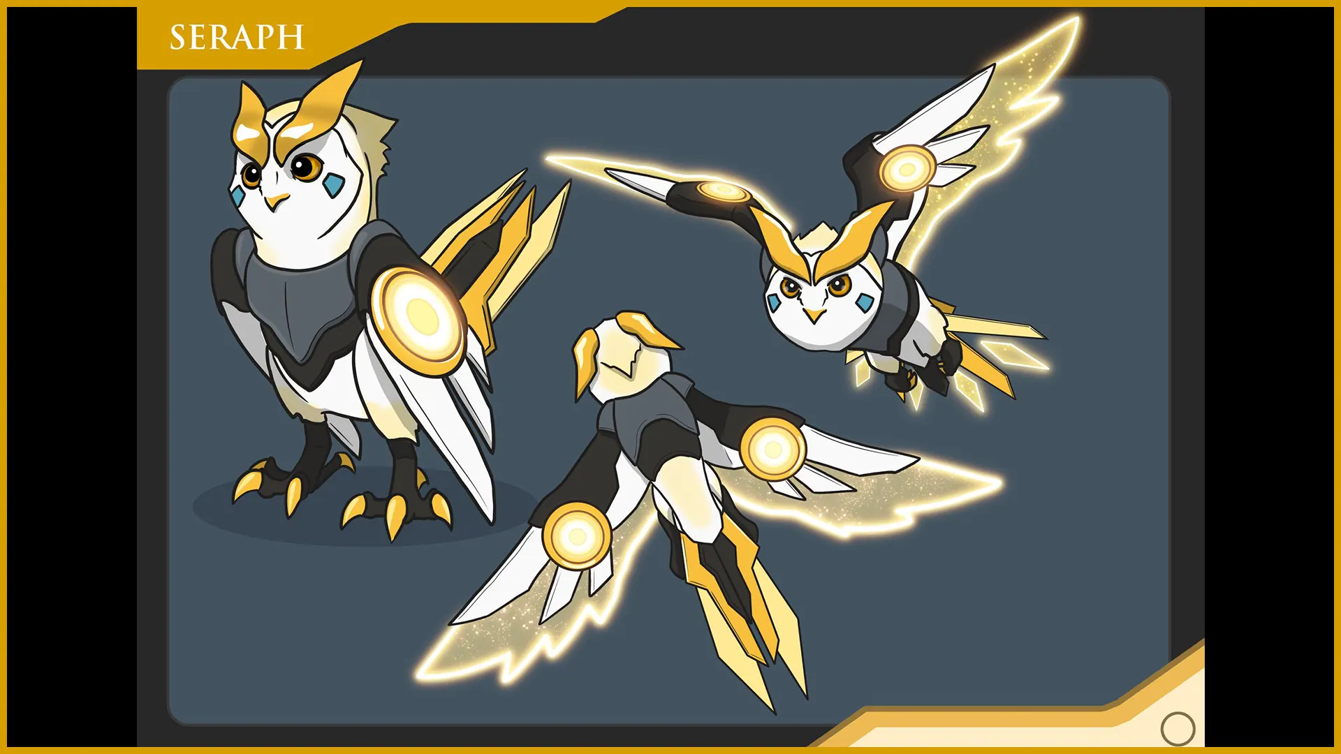 Design sheet titled Seraph: an owl-like creature with gold and white armour in three poses