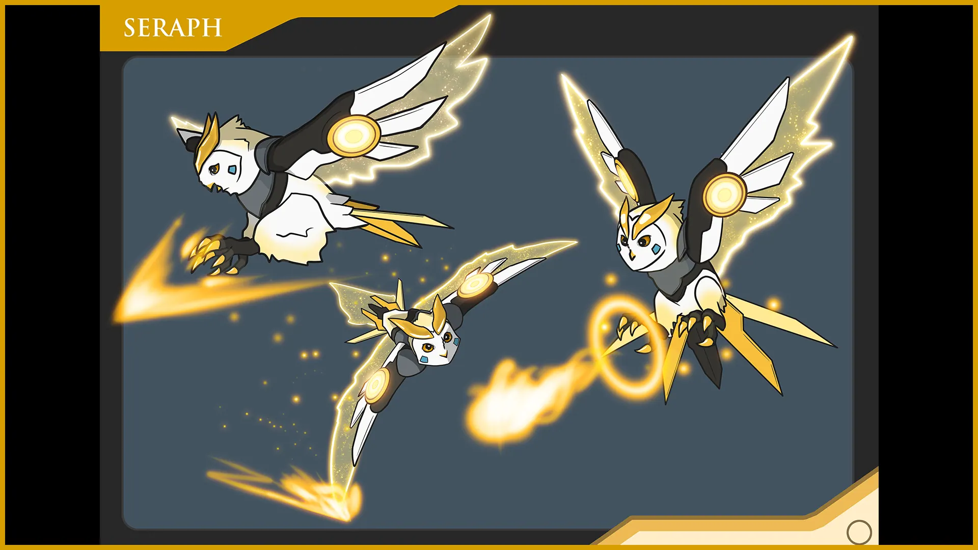 Second sheet titled Seraph: the owl-like creature in flight with golden energy effects