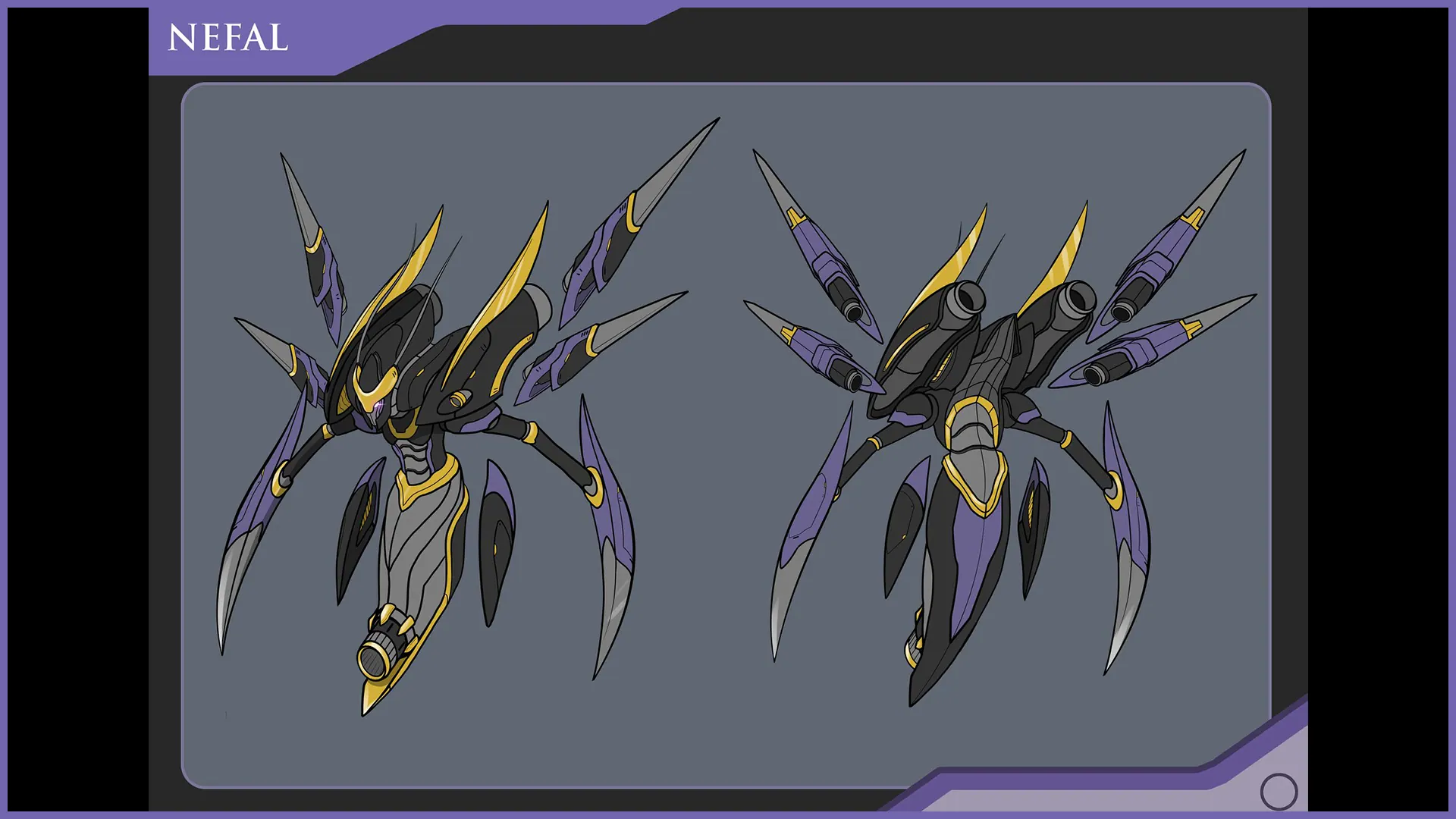 Design sheet titled Nefal: two views of a dark, spiked insect-like creature with purple and gold details