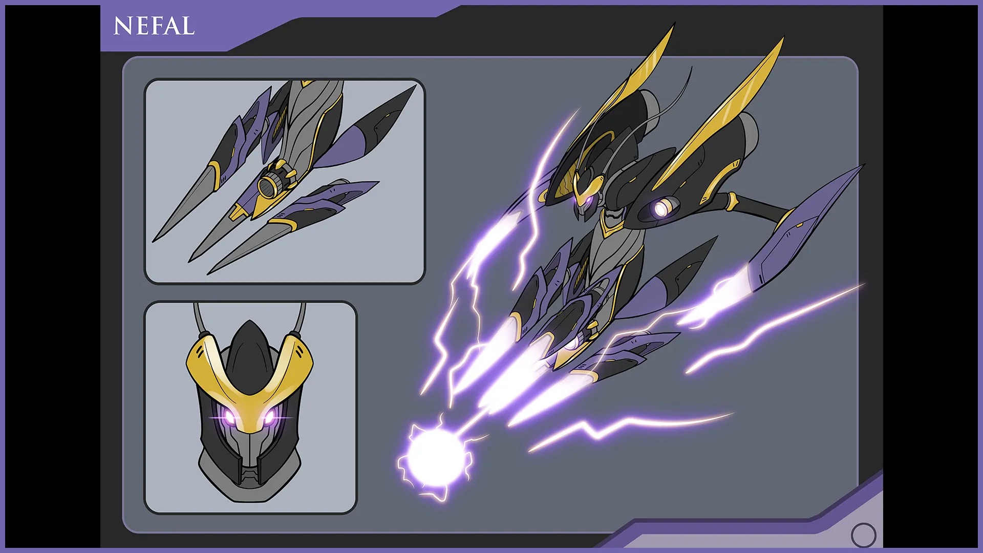 Second sheet titled Nefal: detail studies of the head and parts, and a purple lightning attack effect