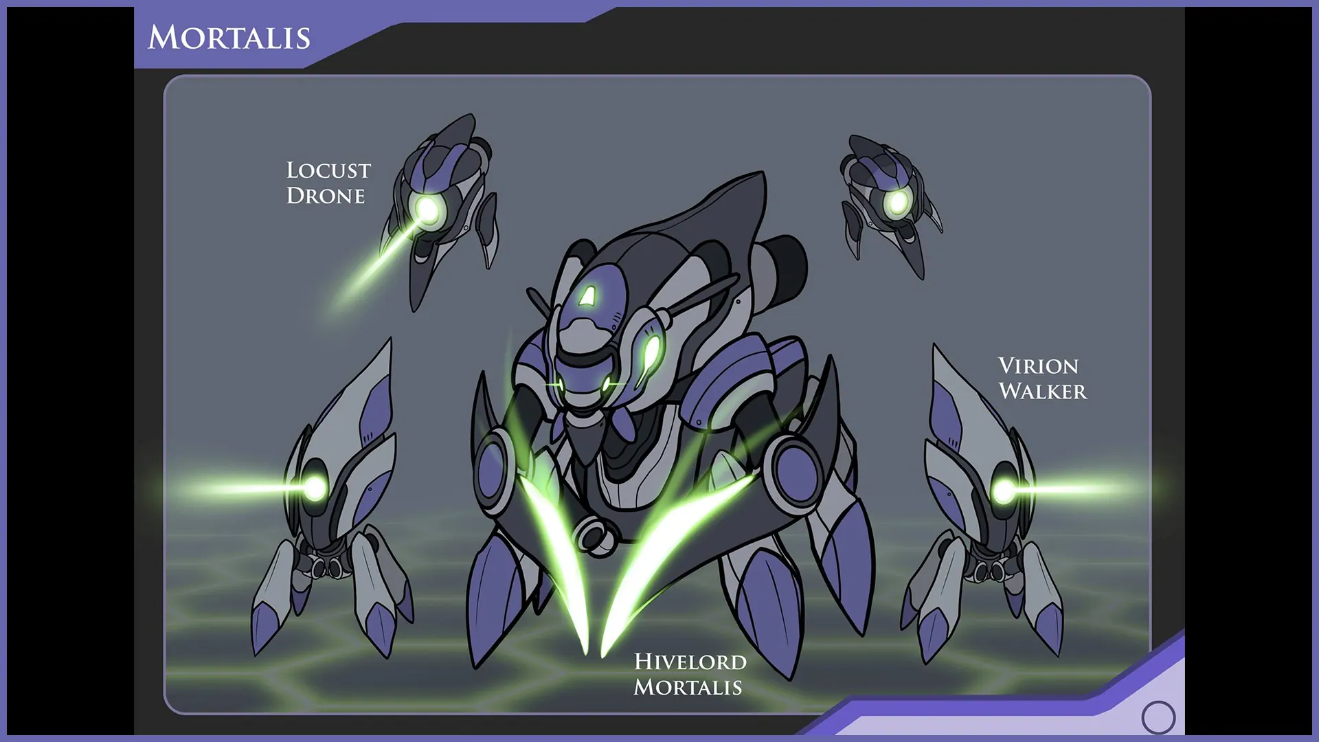 Design sheet titled Mortalis: a large six-legged machine creature with smaller flying drones and green glowing effects