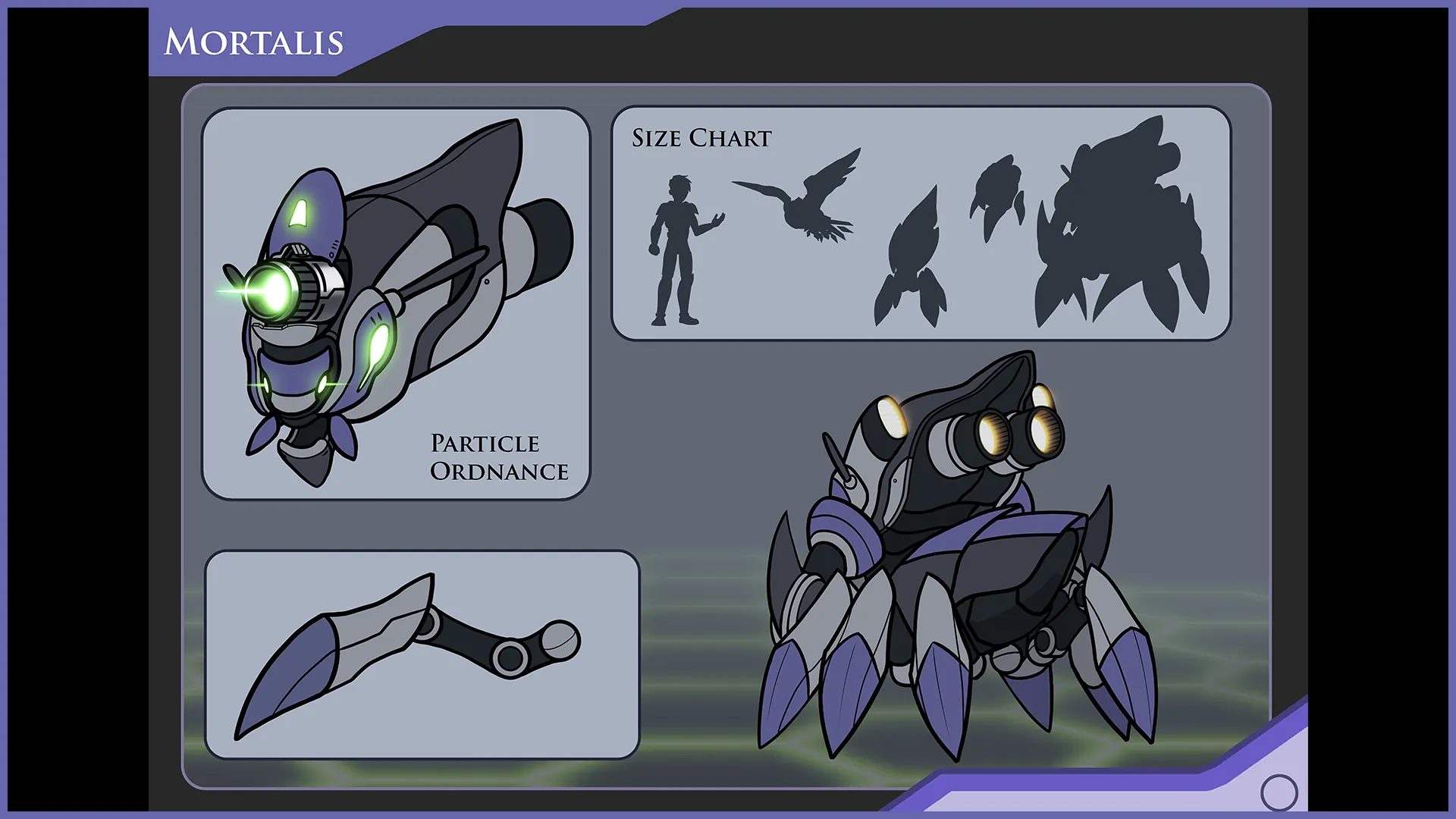 Second sheet titled Mortalis: detail studies of a drone and a part, and a size chart