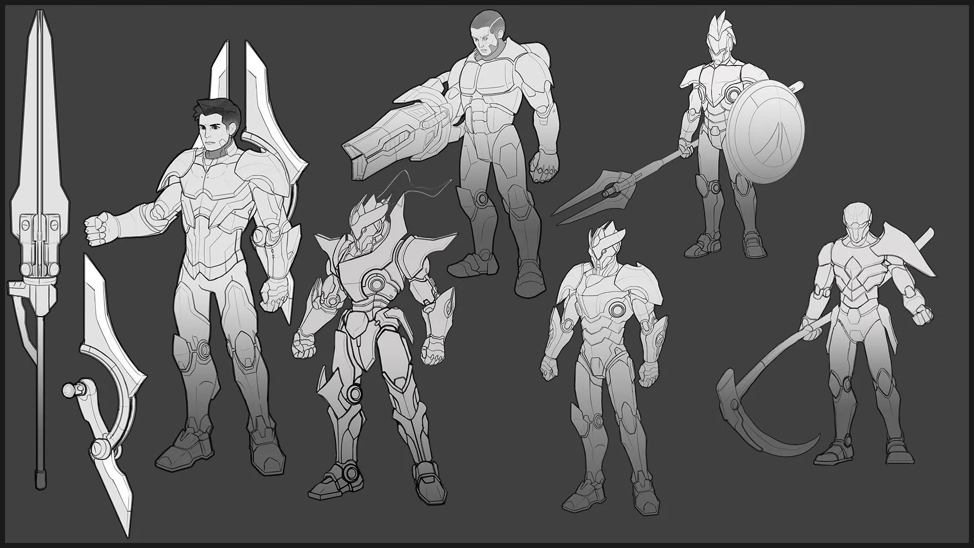 Grey line-art sheet of several armoured characters and weapons