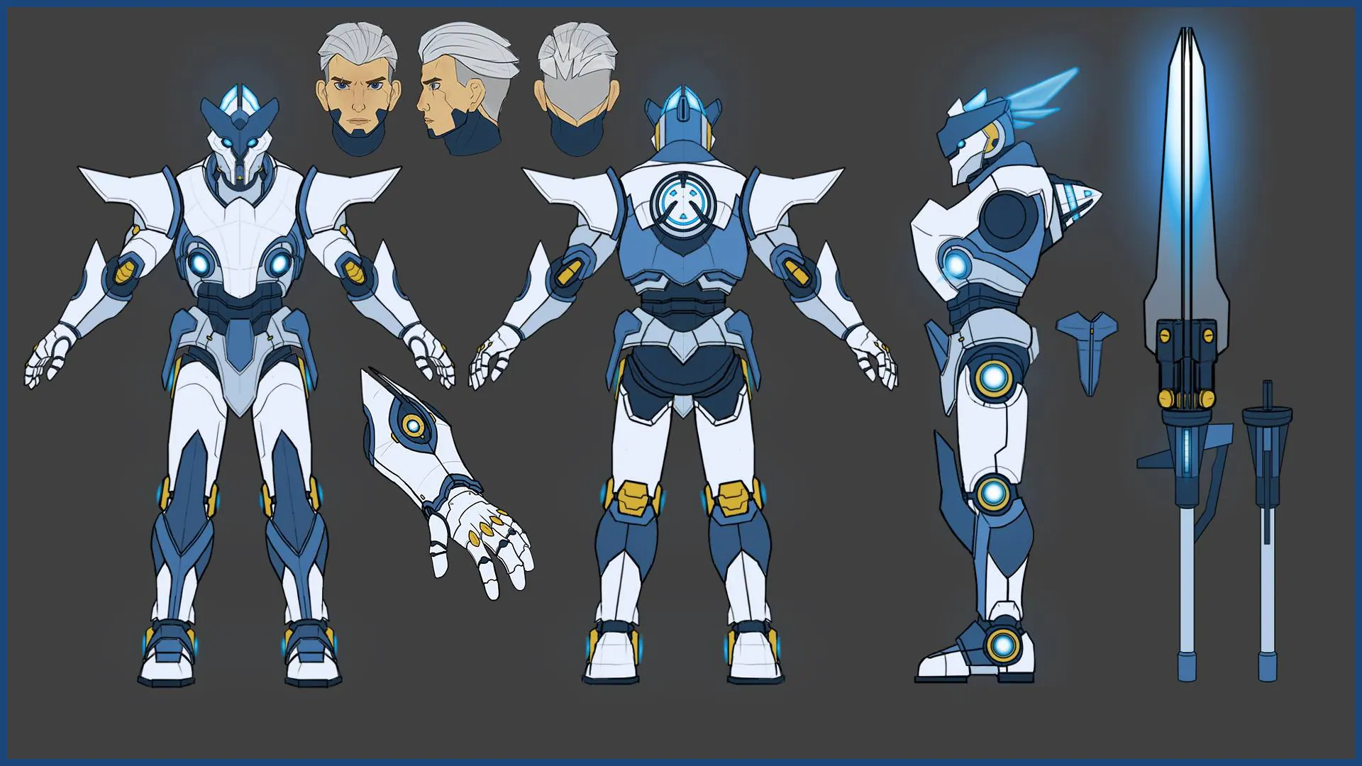 Colour turnaround of a white and blue armoured character, with head studies, a hand and a glowing sword
