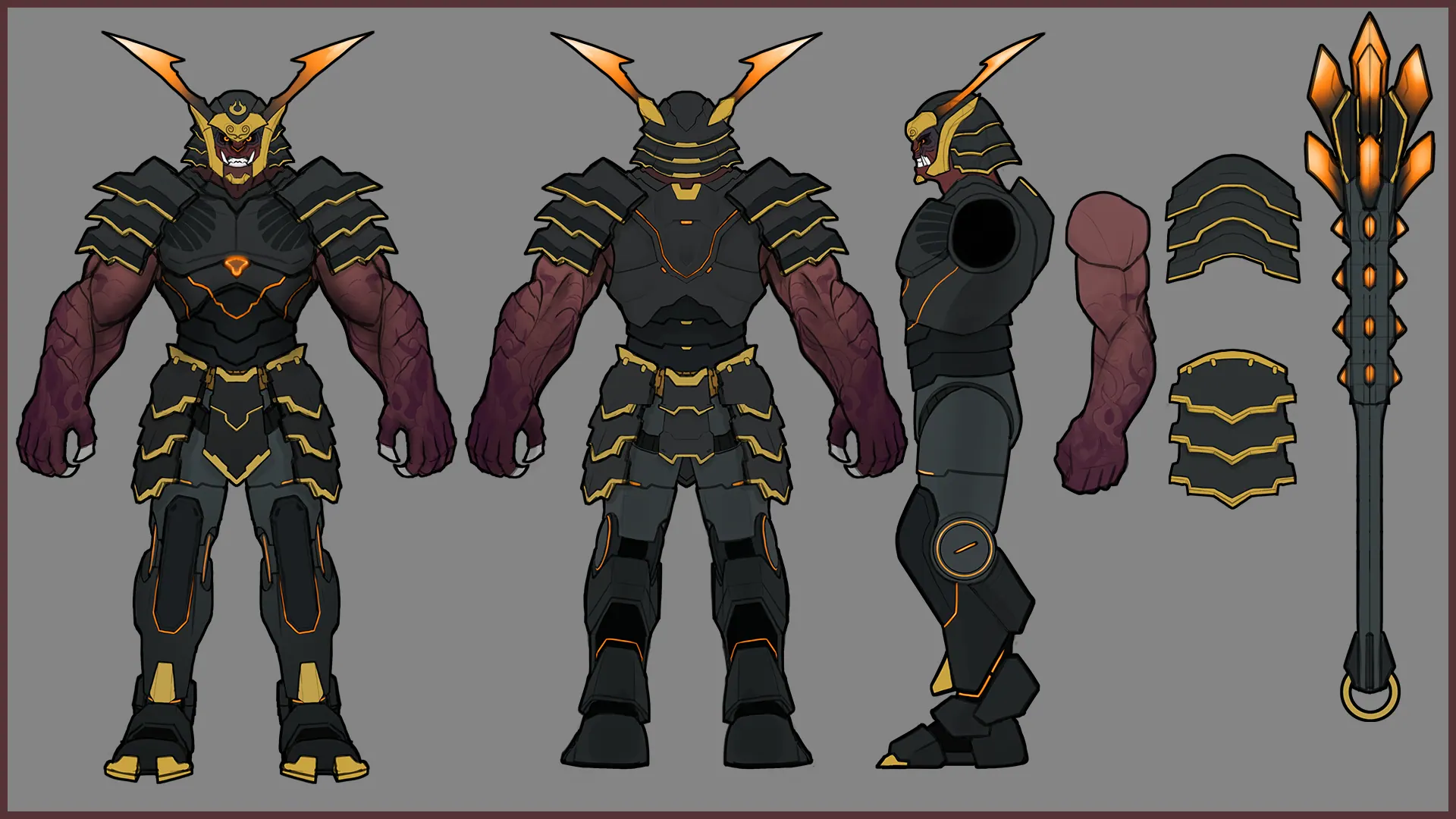 Colour turnaround of a dark armoured warrior in front, back and side views, with armour parts and a spiked mace