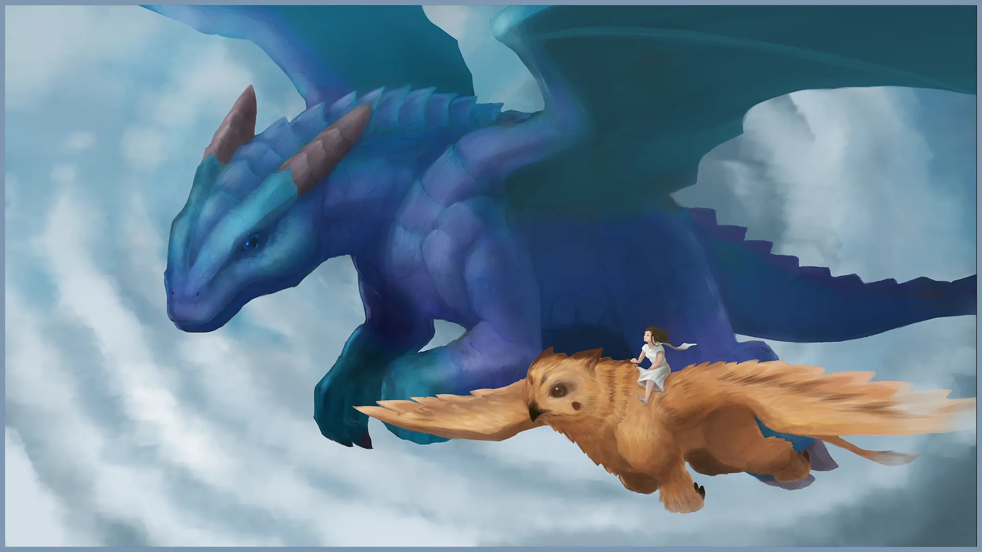 A girl riding a winged beast beside a large blue dragon above a sea of clouds