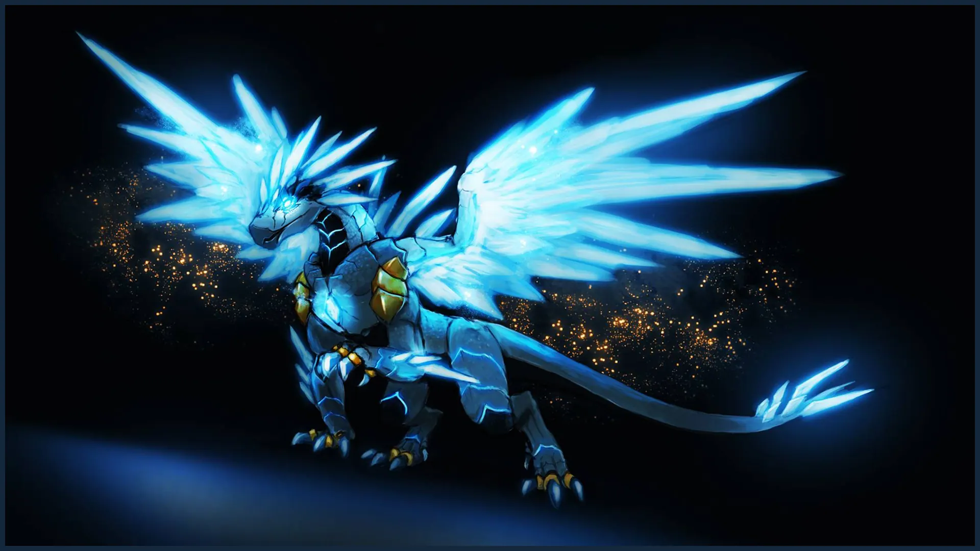 A glowing blue winged creature with crystal feathers on a dark background