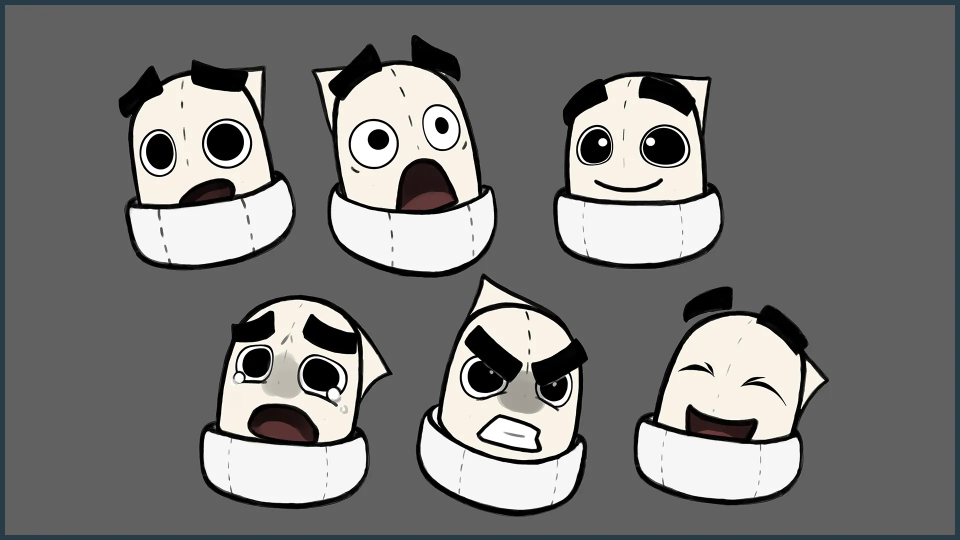 Six facial expression studies of a cartoon character with a white scarf