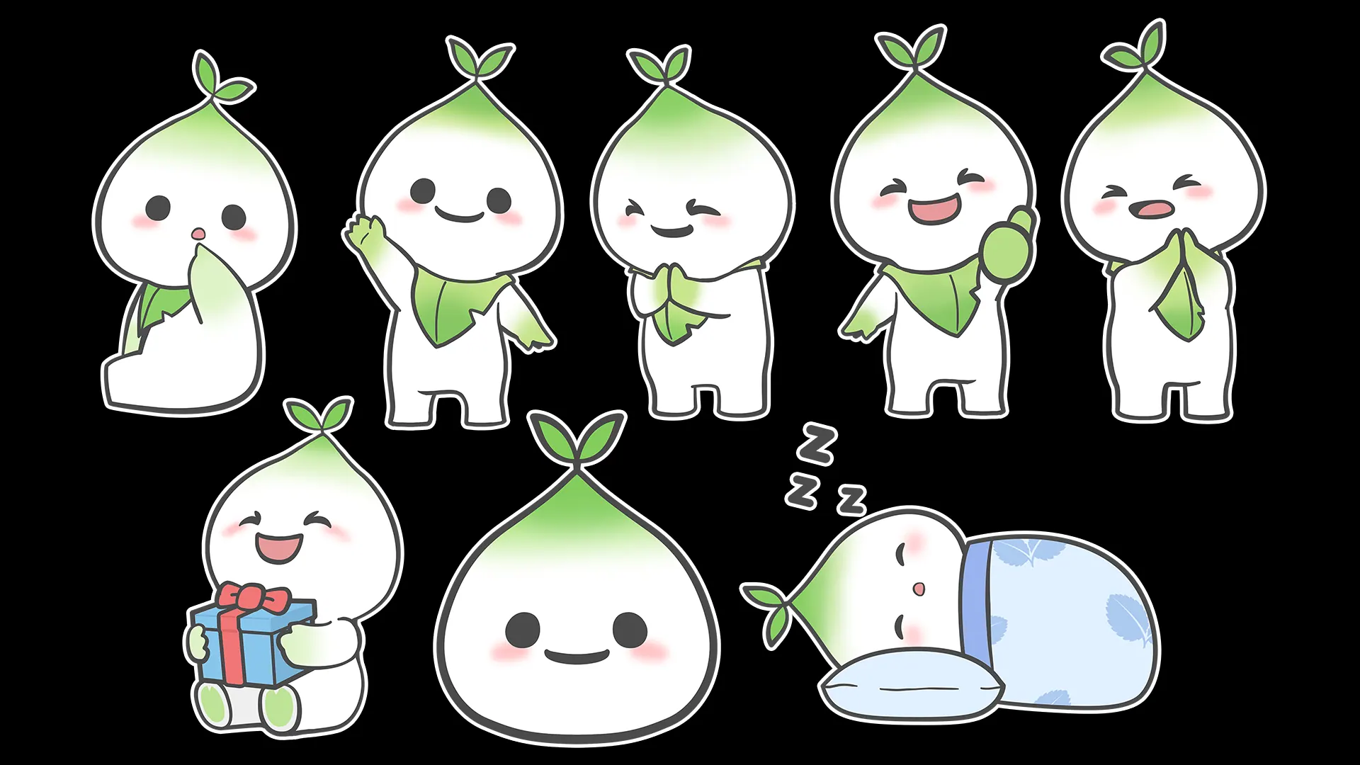 Eight sticker-style poses of a white sprout mascot with green leaves, smiling, waving, holding a gift and sleeping