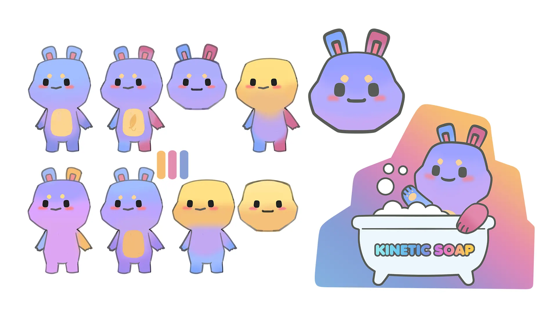 Pastel rabbit-eared mascot concepts in several poses, and a Kinetic Soap logo sticker with the mascot in a bath