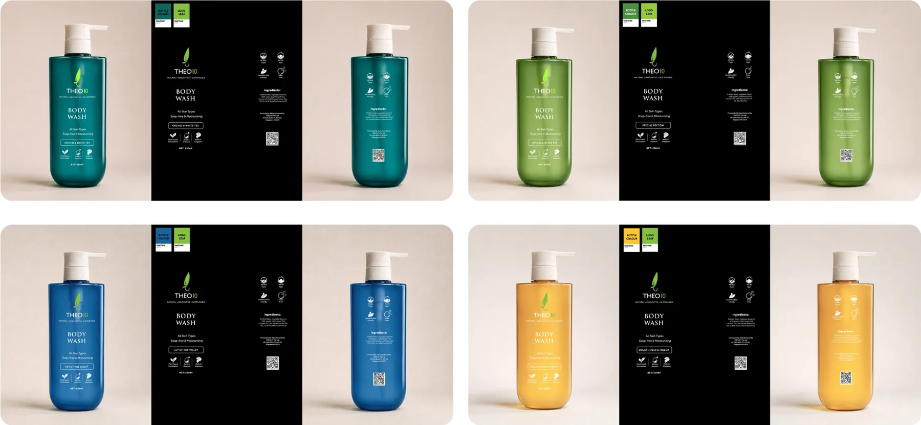 Four Theo10 body wash bottles in teal, green, blue and amber, each shown as a 3D render beside its flat label artwork
