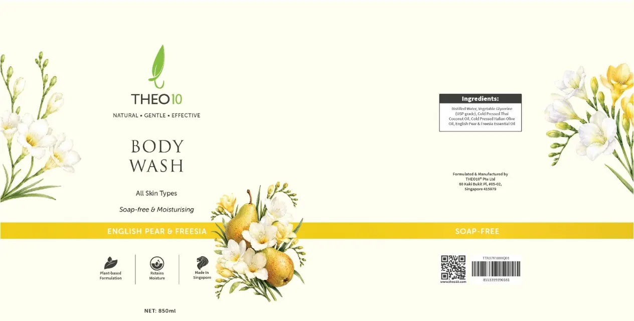 Direction A label artwork, flat: watercolour pears and freesias, a yellow scent band, ingredients, barcode and QR code