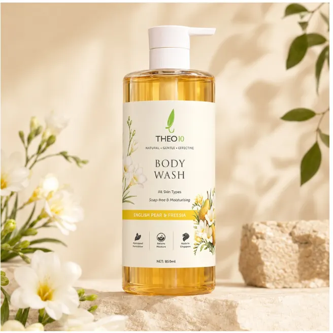 Direction A: English Pear and Freesia body wash bottle with a yellow scent band, styled with flowers