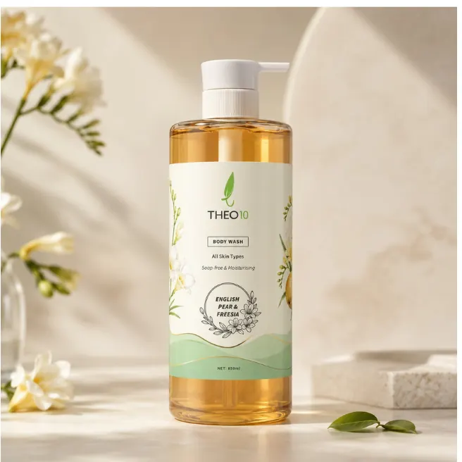 Direction B: English Pear and Freesia body wash bottle with a green wave and a round scent seal