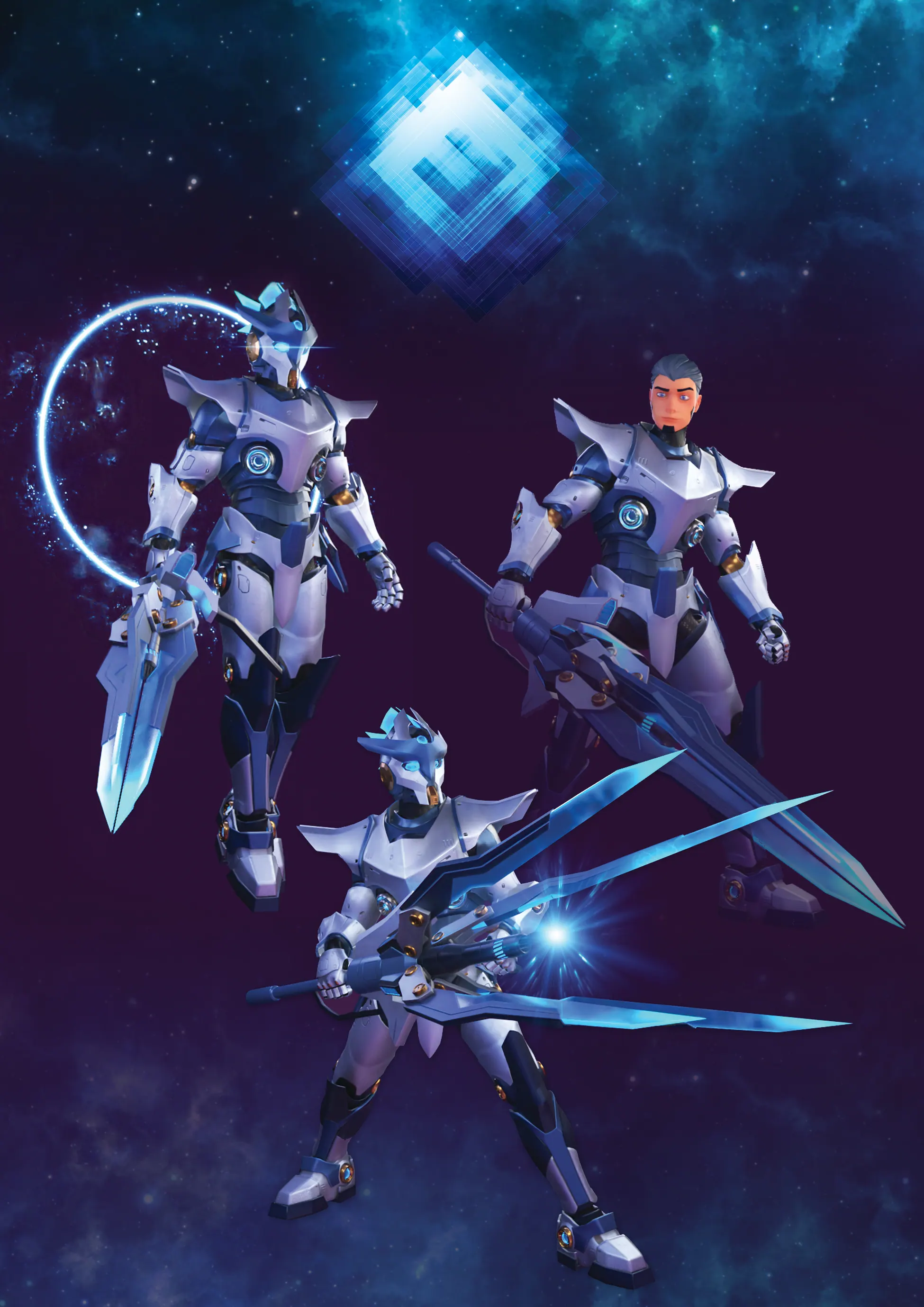 Demo reel art board: three armoured sci-fi characters with large blades on a starry blue and purple backdrop