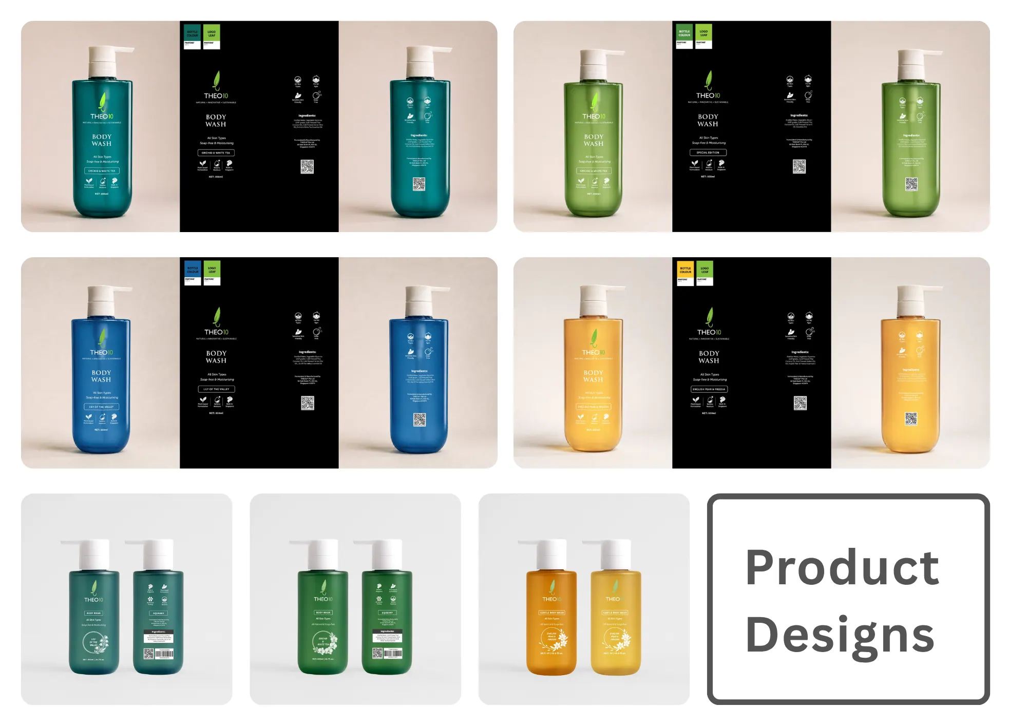 Presentation board titled Product Designs: Theo10 body wash bottles in teal, green, blue and amber, front and back labels, and paired renders