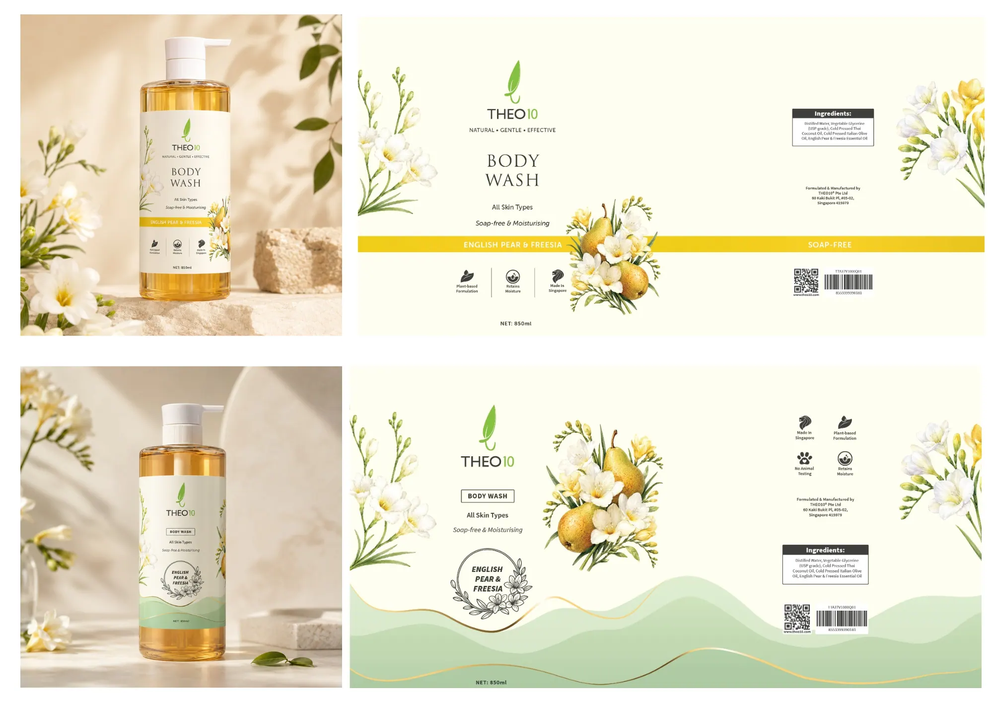 Presentation board: two label directions for the English Pear and Freesia body wash, each with a styled render and the flat label