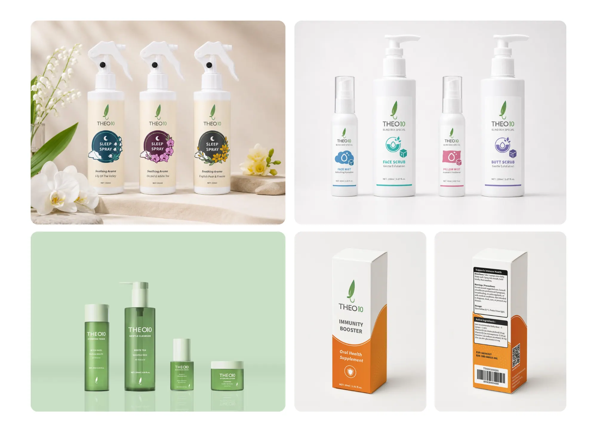 Presentation board: Theo10 skincare bottles, sprays, creams and printed cartons