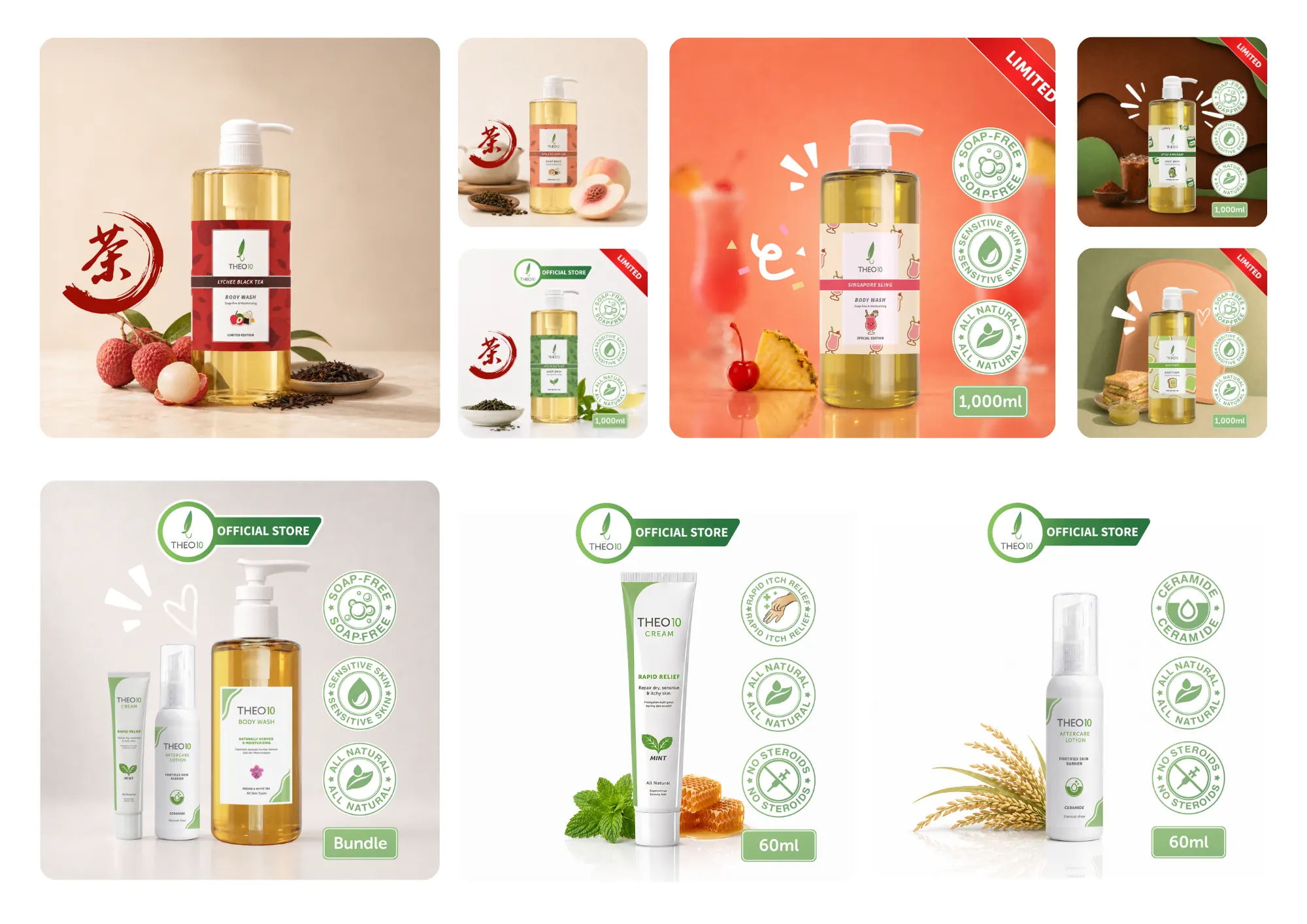 Presentation board: marketplace listing images with product renders, claim icons and promotional banners