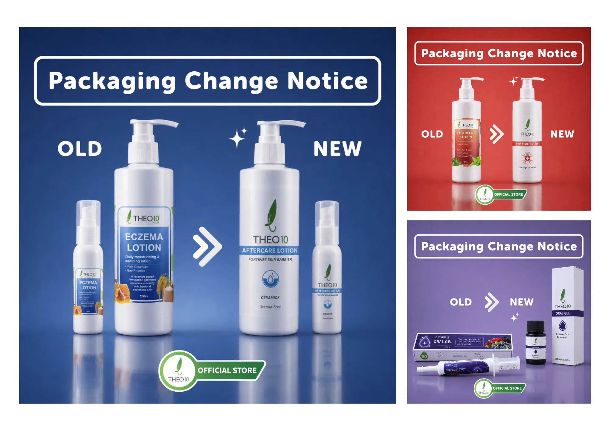 Presentation board: Packaging Change Notice graphics comparing the old and new bottles