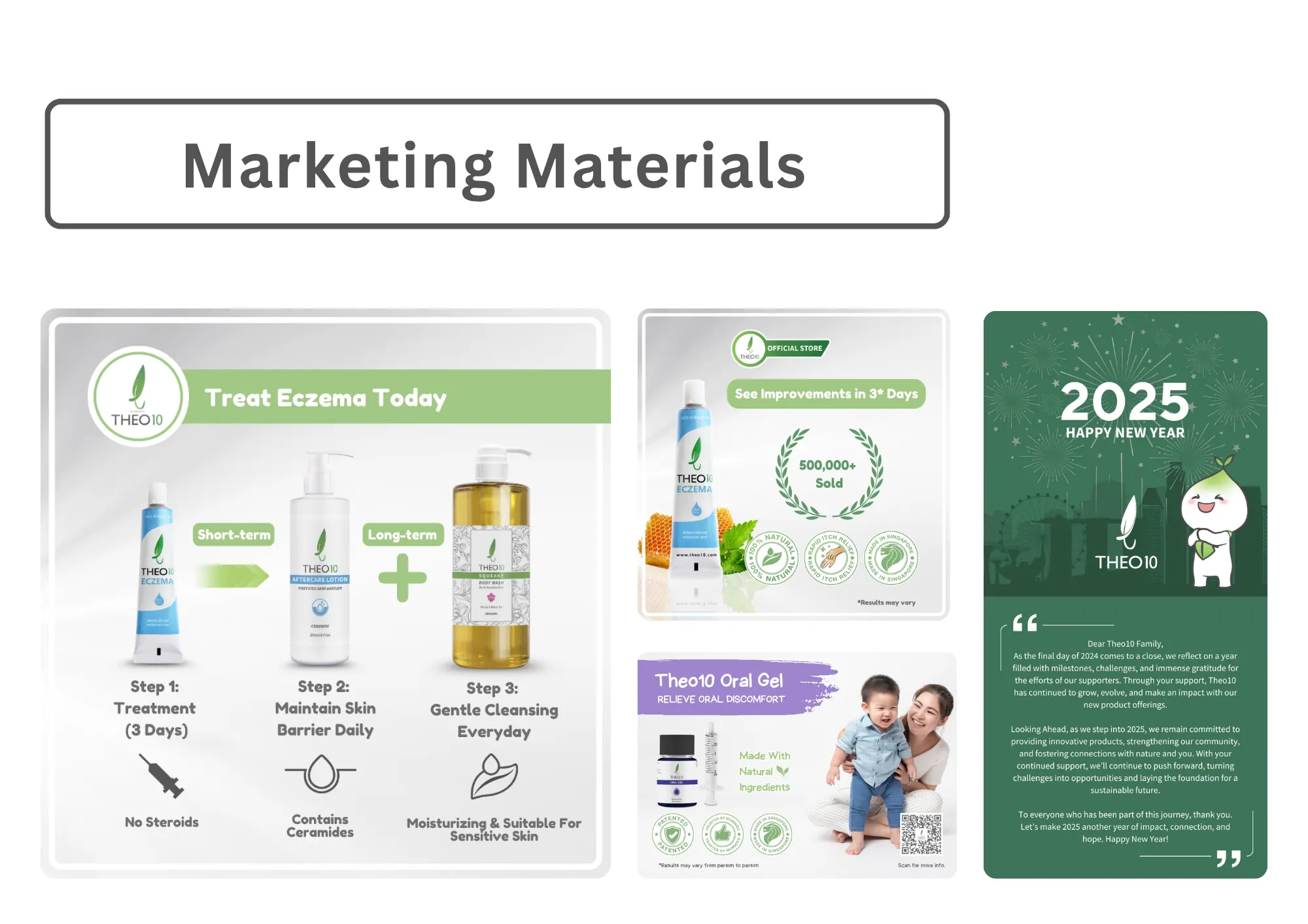 Presentation board titled Marketing Materials: a skin care guide, product highlights and a New Year greeting