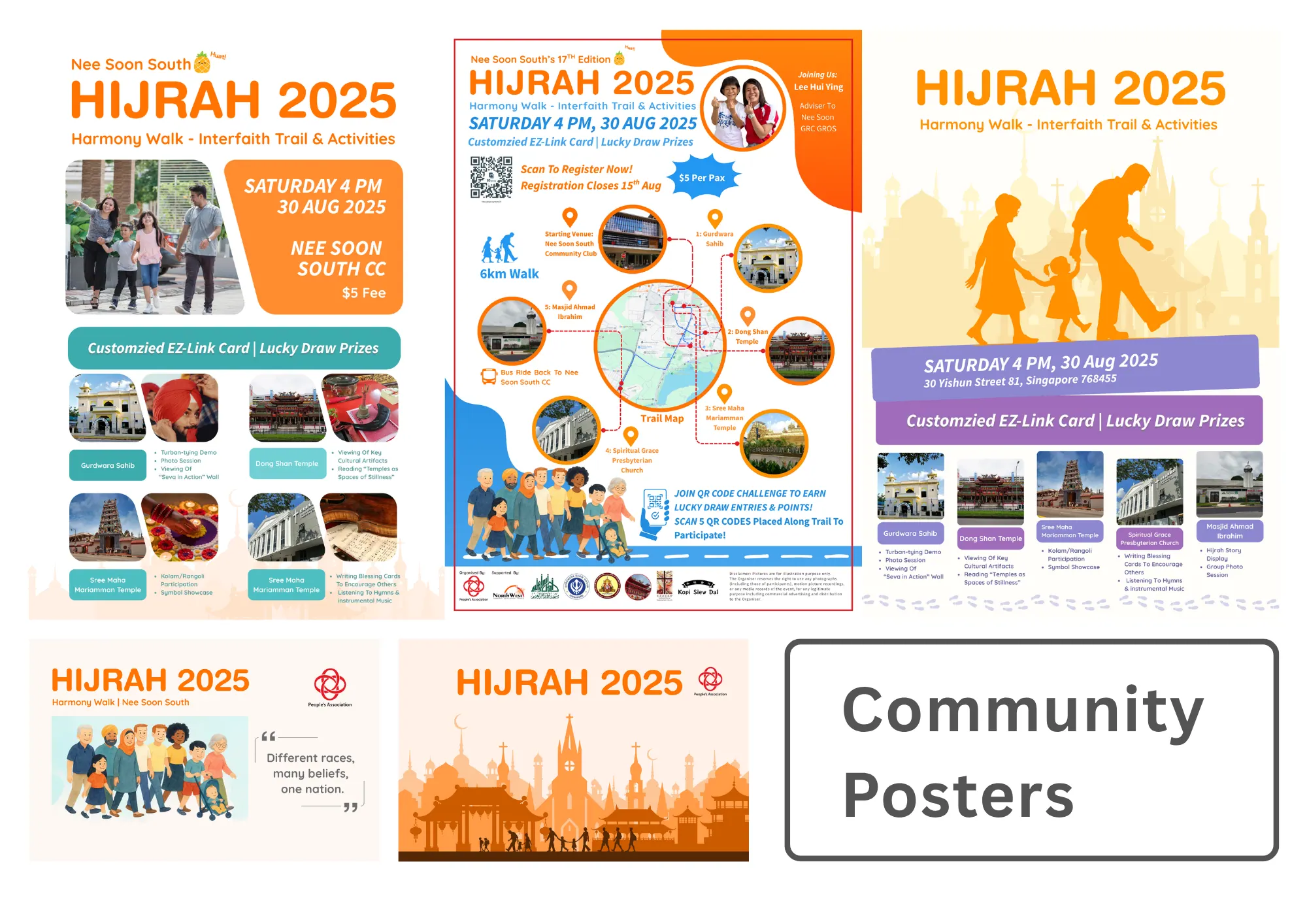 Presentation board titled Community Posters: Hijrah 2025 Harmony Walk posters for the Nee Soon South community