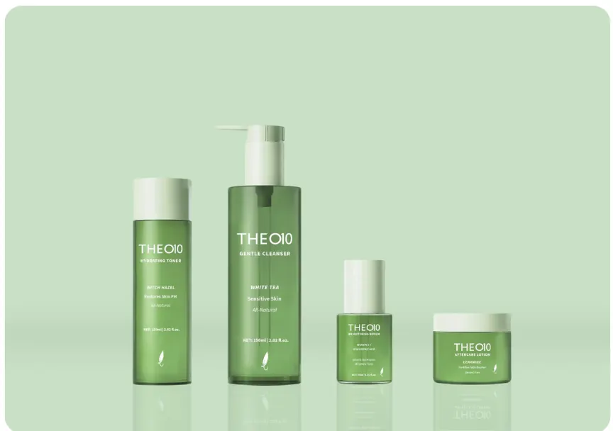 Four green Theo10 skincare packs on a pale green background: a hydrating toner, a gentle cleanser with a pump, a brightening serum and a lotion jar
