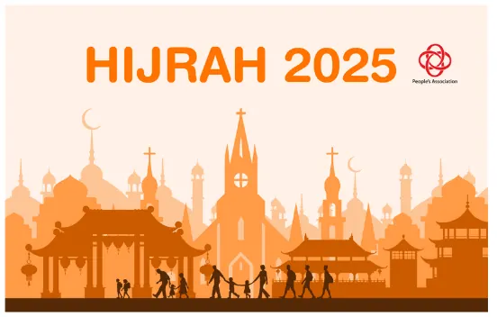 Hijrah 2025 banner: an orange skyline of temples, a church and a mosque with people walking