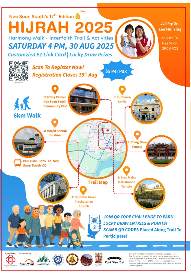 Hijrah 2025 trail map poster: a round map in the centre joined by dashed lines to photos of the starting venue and five places of worship, with a 6 km walk icon, registration details and a QR code challenge