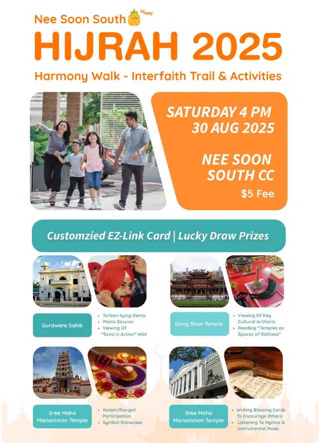 Hijrah 2025 poster led by a photo of a family walking, with the date and venue in an orange panel and photos of places of worship with their activities