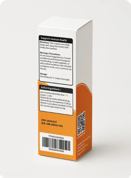 Back of the Immunity Booster carton: black-headed panels for directions, warnings, storage and active ingredients, with batch and expiry, a QR code and a barcode