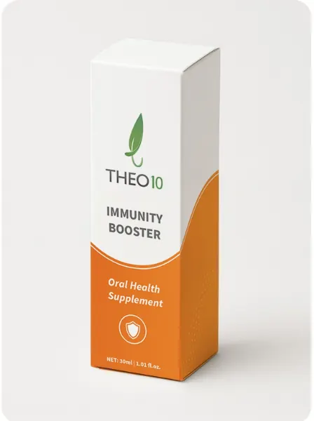 Front of the Immunity Booster carton: a white top with the Theo10 leaf and name, an orange wave, the words Oral Health Supplement and a shield icon