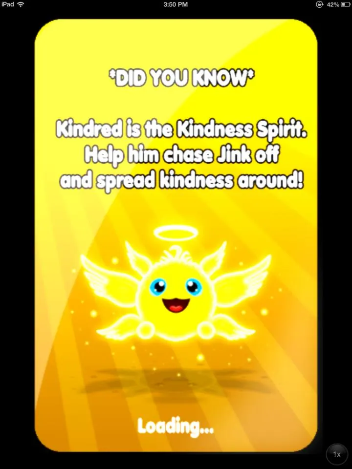 Loading screen on a tablet: Did you know, Kindred is the Kindness Spirit, shown as a glowing yellow winged character