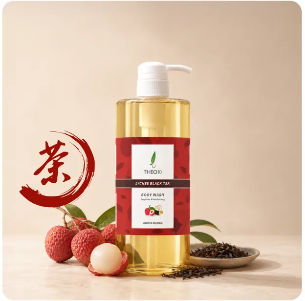Limited edition Theo10 body wash with a red Lychee Black Tea label, beside lychees and black tea leaves and a red brush-stroke tea character