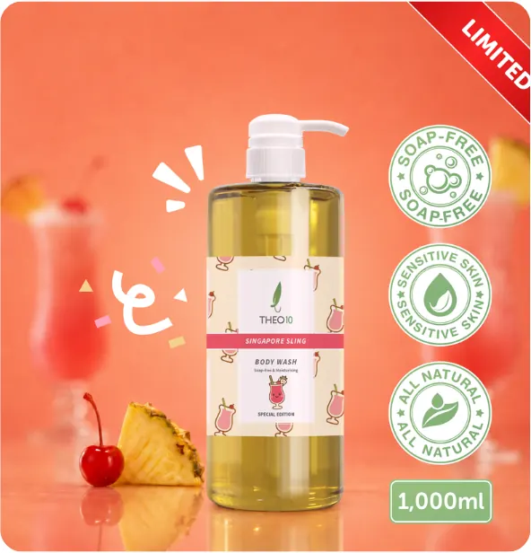 A limited edition Theo10 body wash listing image with claim badges on a coral background