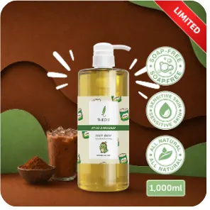 Limited edition Theo10 body wash on a brown background with an iced drink and cocoa powder, a LIMITED ribbon, three round badges and a 1,000ml tag