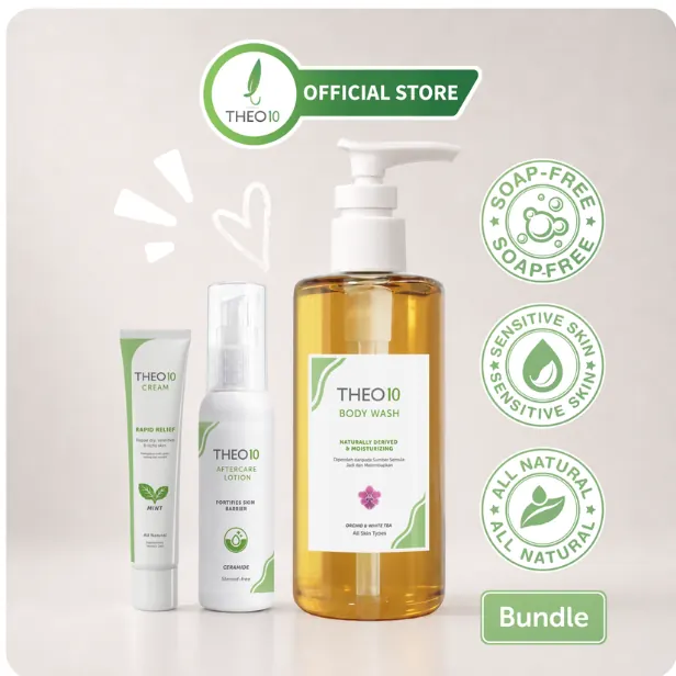 Listing image for a Theo10 bundle: a cream tube, an aftercare lotion and a body wash, with an Official Store header, three round claim badges and a Bundle tag
