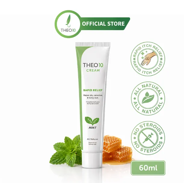 Listing image for Theo10 Cream in mint: the tube with mint leaves and honeycomb, an Official Store header, three round claim badges and a 60ml tag