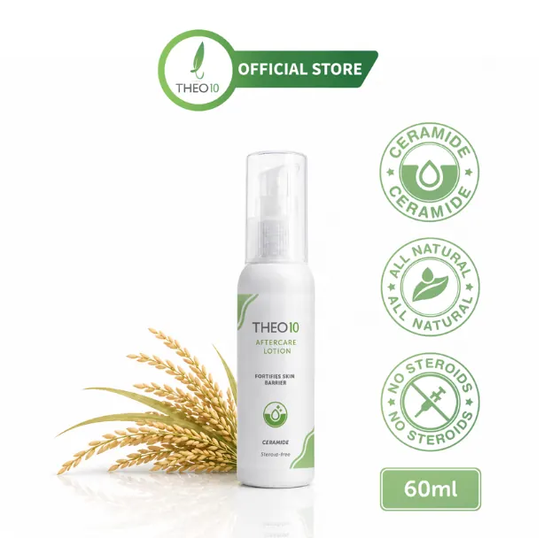Listing image for Theo10 Aftercare Lotion: a pump bottle with rice stalks, an Official Store header, three round claim badges and a 60ml tag