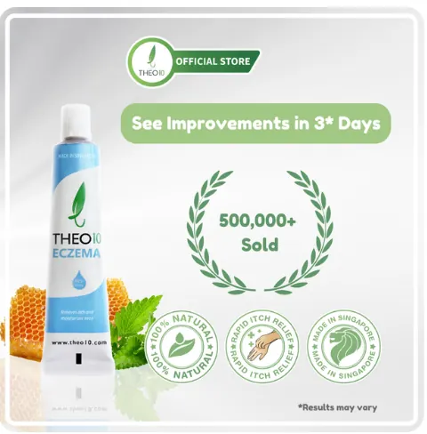 A Theo10 Eczema cream graphic with an Official Store header, a headline about seeing improvements in three days, a laurel wreath with a sales count, three round badges and a results-may-vary note