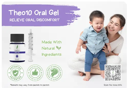 A Theo10 Oral Gel banner on a purple brush stroke: the bottle and syringe applicator, round badges for patented, trusted by mummies and made in Singapore, a photo of a smiling mother holding a toddler, and a QR code