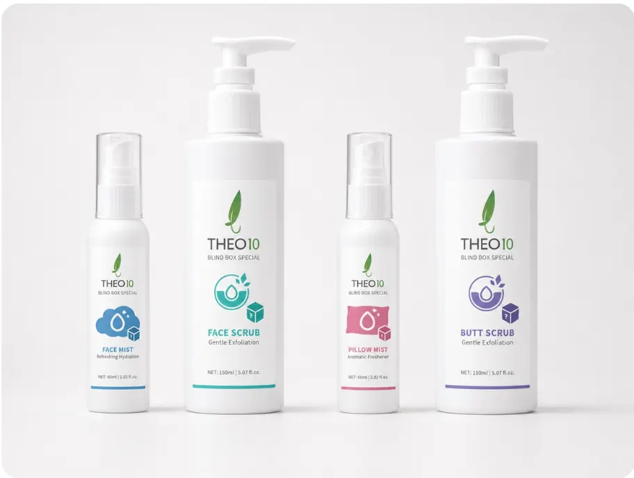 Four white Theo10 bottles: a face mist, a face scrub, a pillow mist and a butt scrub, each with a coloured icon and a matching line at the bottom of its label