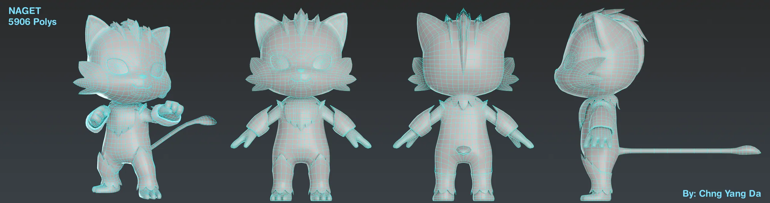 Naget as a wireframe: the same four views with the polygon mesh visible in light blue lines