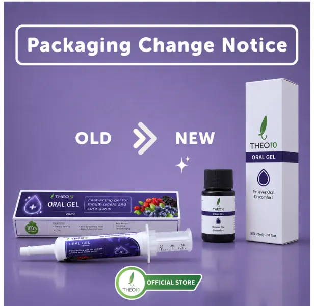 A Packaging Change Notice on a purple background: the old Oral Gel box and syringe applicator on the left, the new small bottle and upright box on the right, and an Official Store badge