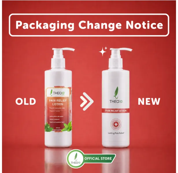A Packaging Change Notice on a red background: the old Pain Relief Lotion bottle with an illustrated red and green label on the left, the new bottle with a clean white label and a red band on the right, and an Official Store badge