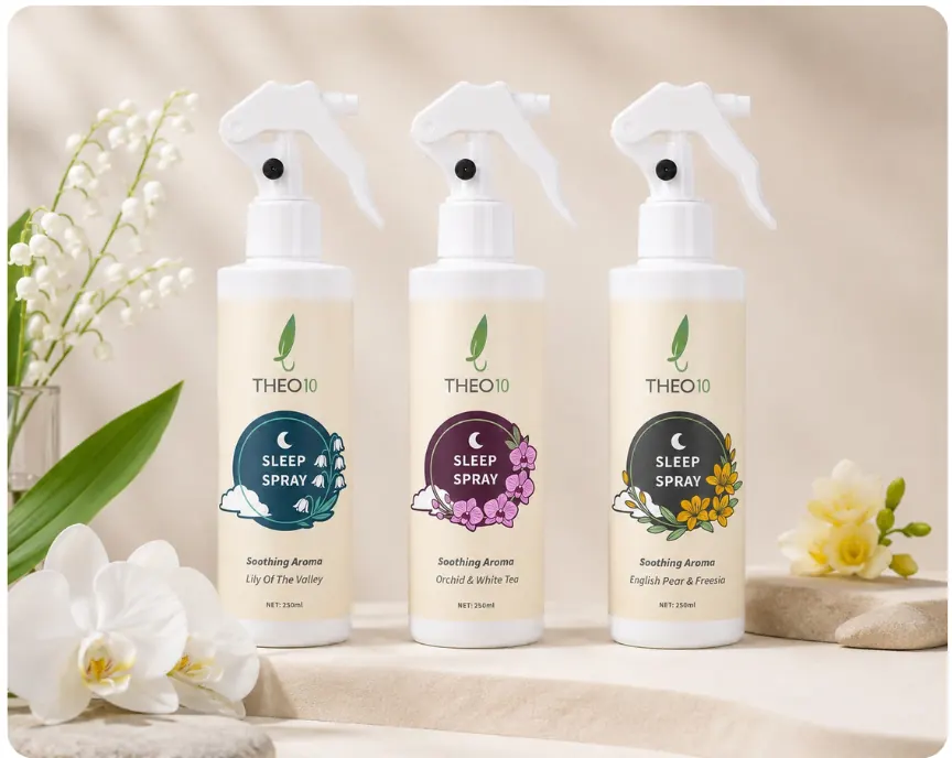 Three Theo10 sleep spray bottles with cream labels, each with a different flower illustration