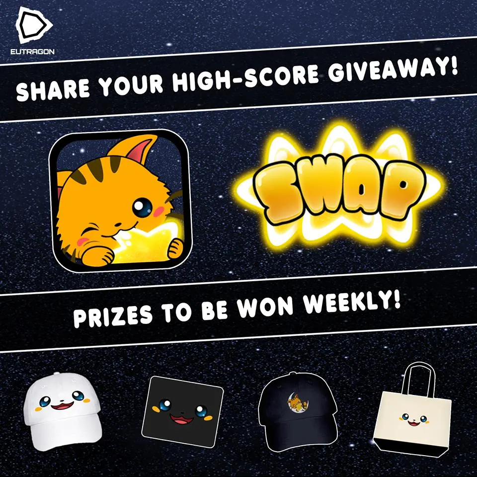 SWAP promo: Share your high-score giveaway, with the Eutragon logo, the tabby cat app icon, the SWAP title and prizes
